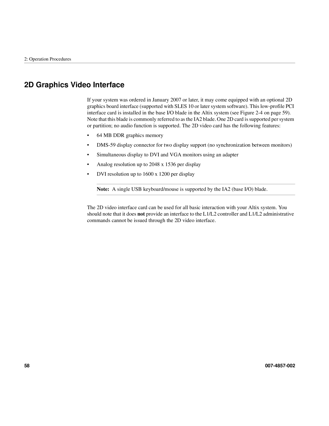 Intel SGI Altix 450 manual 2D Graphics Video Interface 