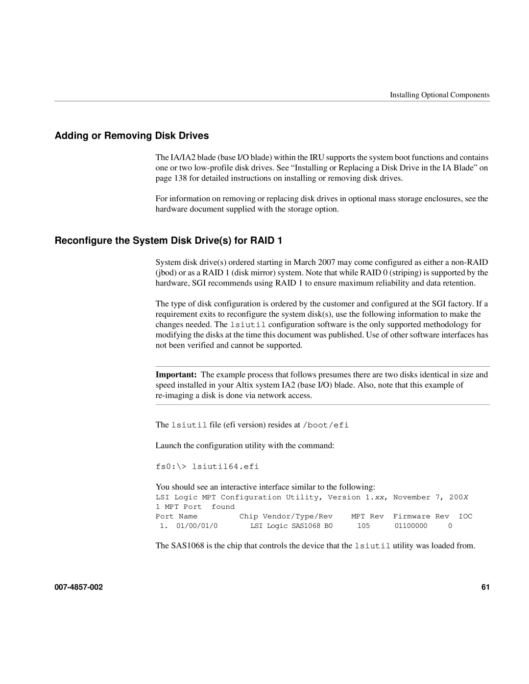 Intel SGI Altix 450 manual Adding or Removing Disk Drives, Reconfigure the System Disk Drives for RAID 