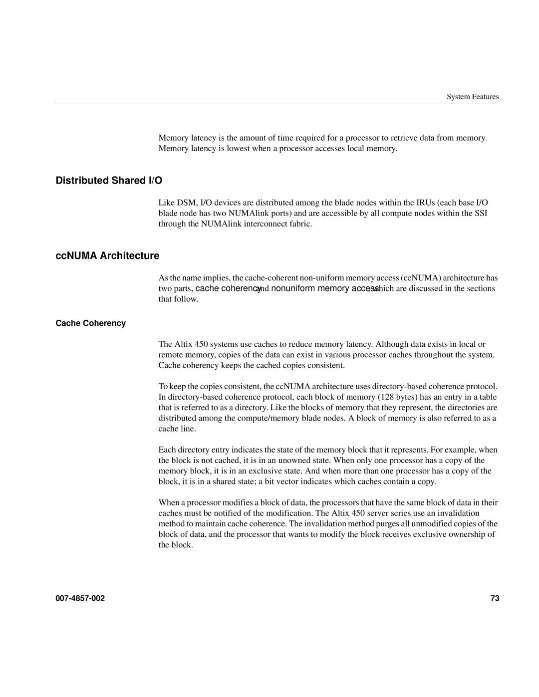 Intel SGI Altix 450 manual Distributed Shared I/O, CcNUMA Architecture, Cache Coherency 