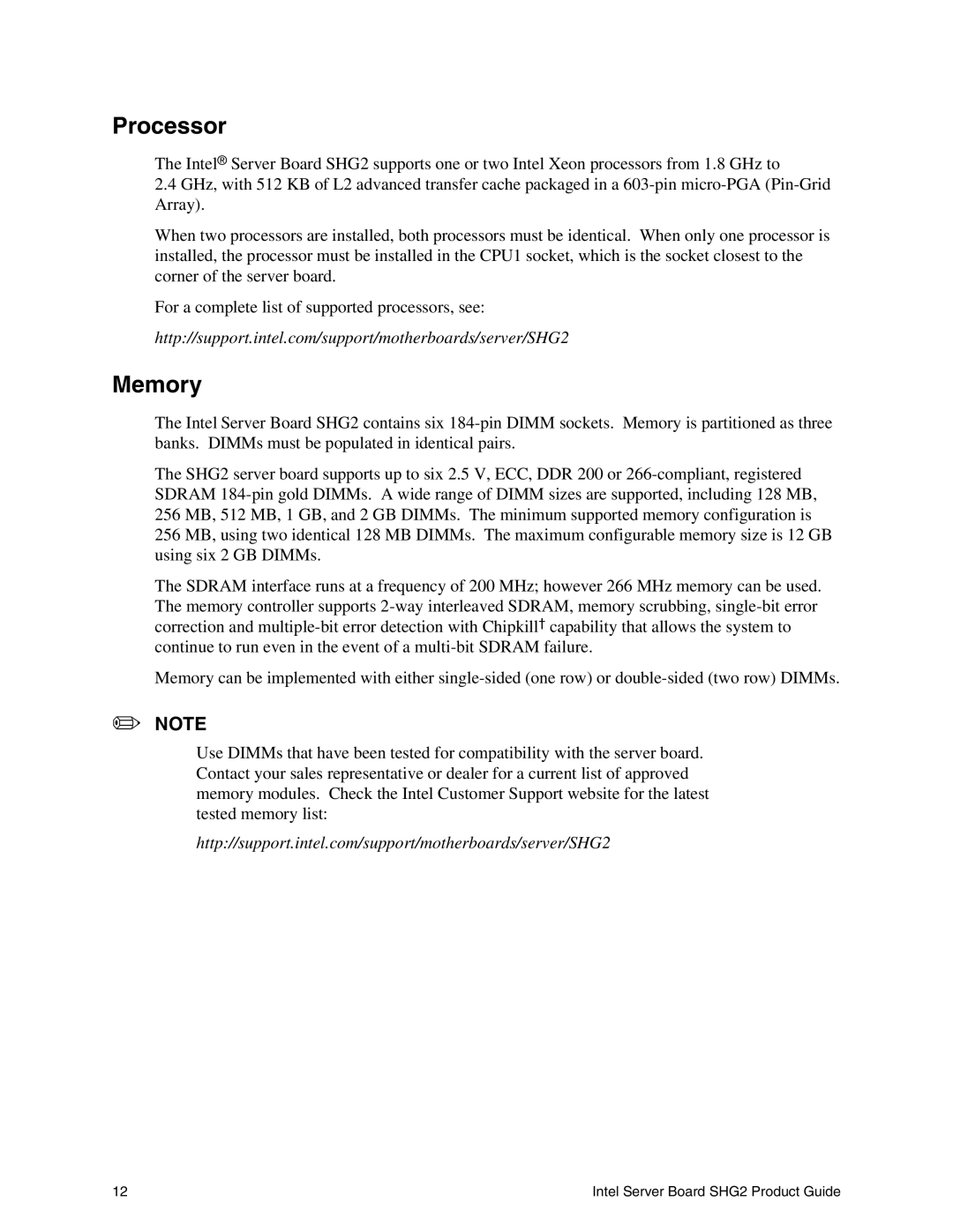 Intel SHG2 manual Processor, Memory 