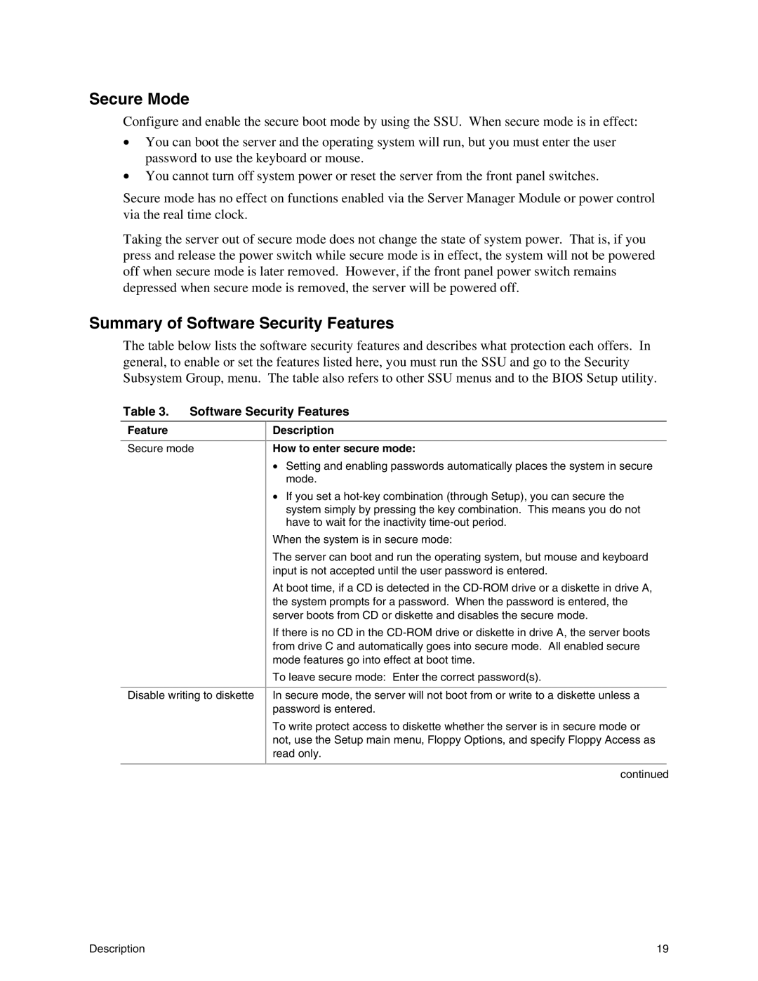 Intel SHG2 manual Secure Mode, Summary of Software Security Features 