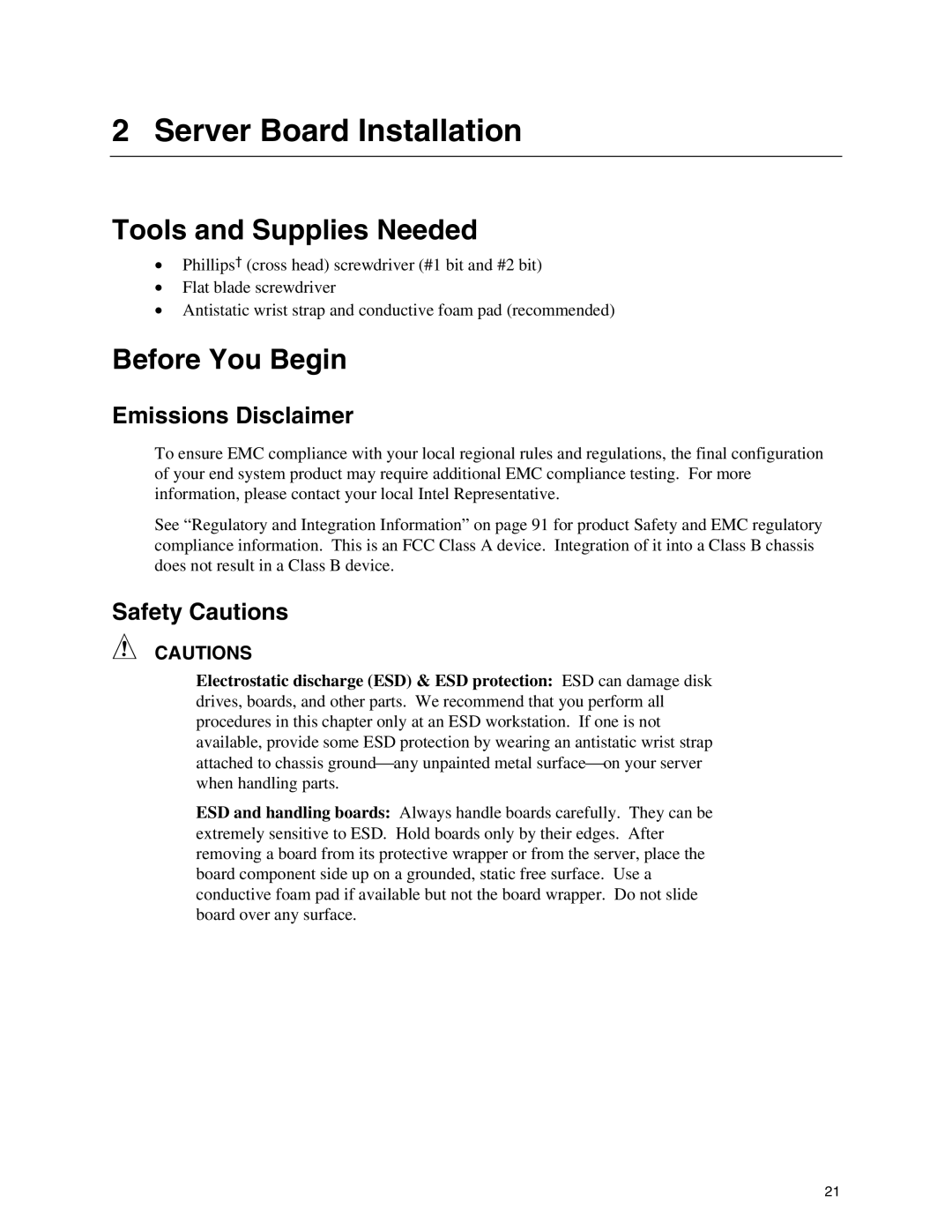 Intel SHG2 Server Board Installation, Tools and Supplies Needed, Before You Begin, Emissions Disclaimer, Safety Cautions 