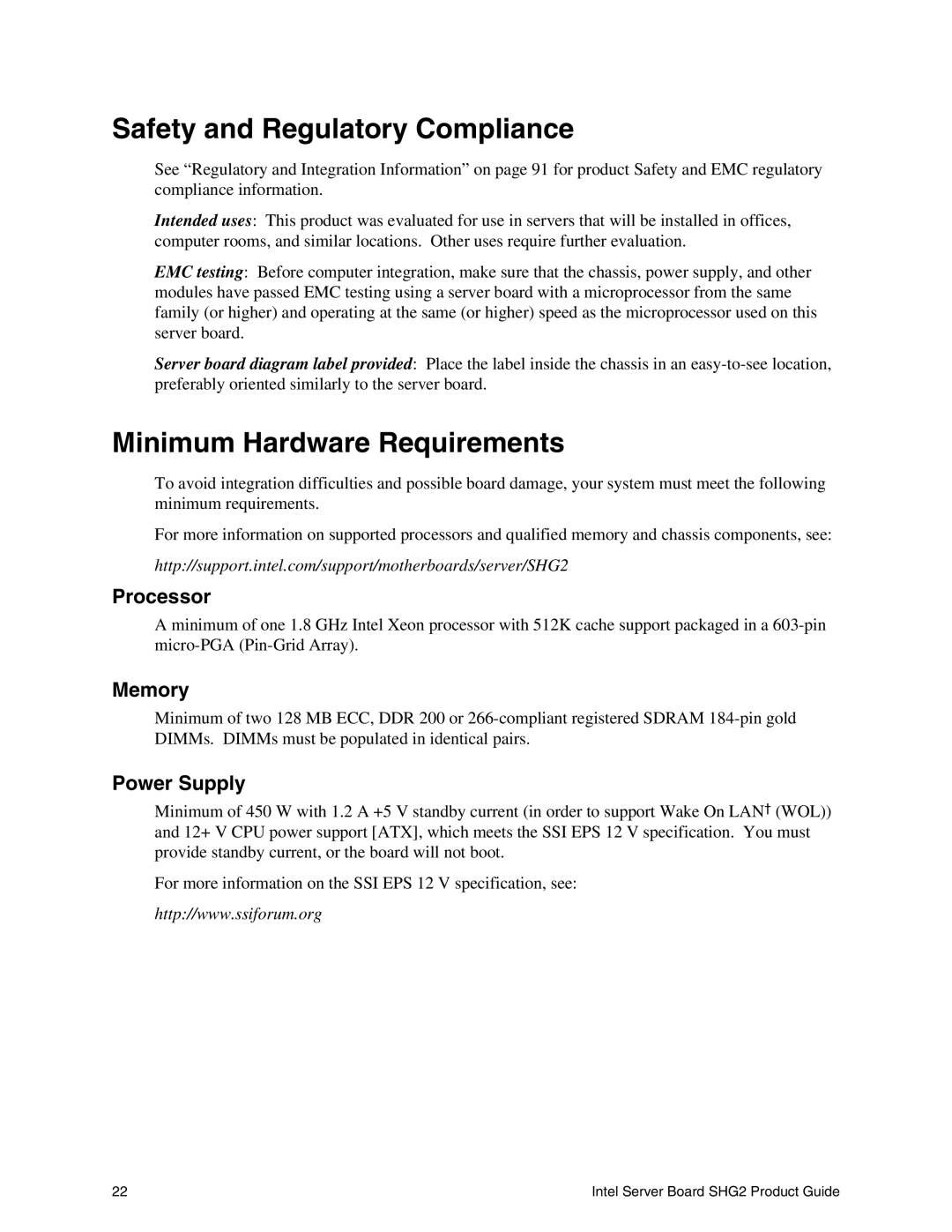 Intel SHG2 manual Safety and Regulatory Compliance, Minimum Hardware Requirements, Processor, Memory, Power Supply 