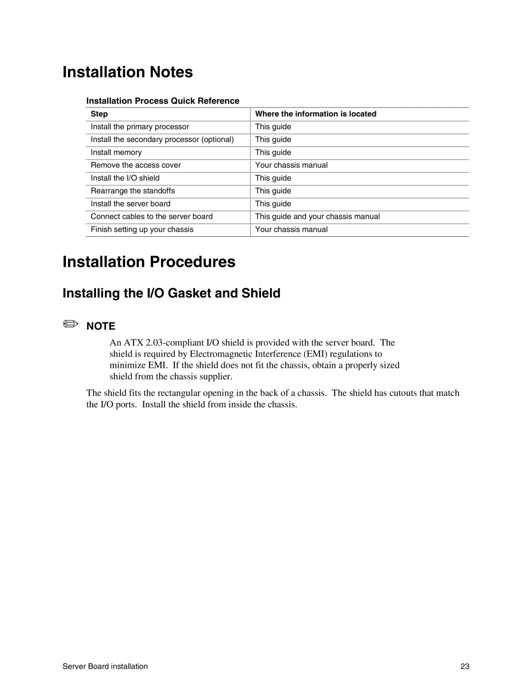 Intel SHG2 manual Installation Notes, Installation Procedures, Installing the I/O Gasket and Shield 