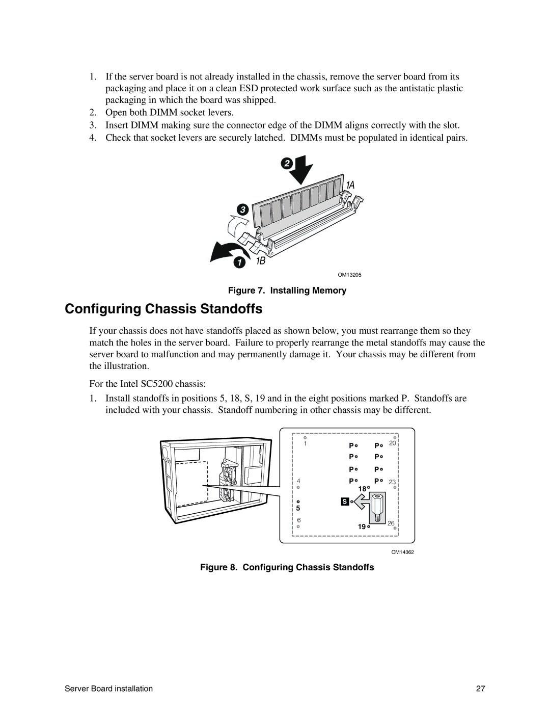 Intel SHG2 manual Configuring Chassis Standoffs, Installing Memory 