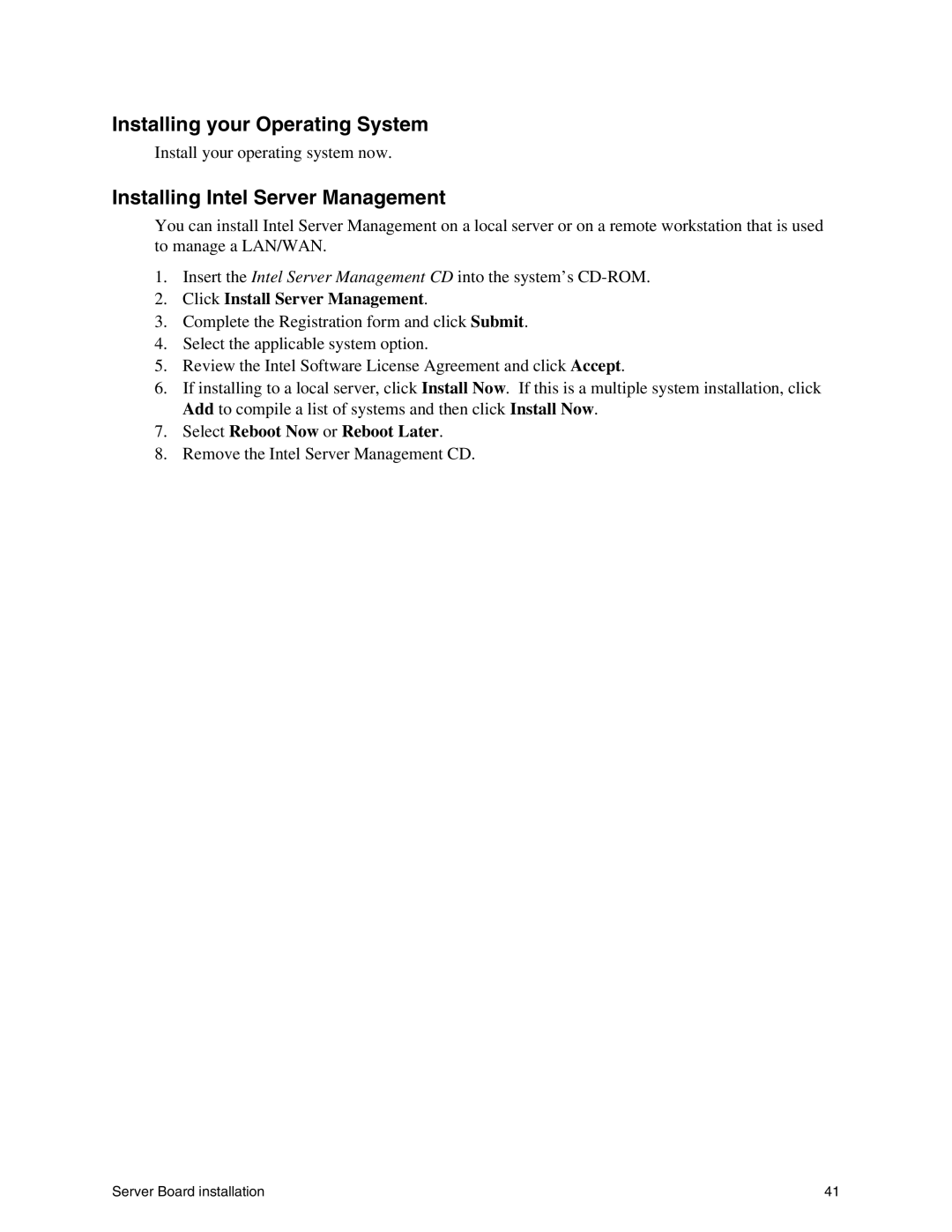 Intel SHG2 manual Installing your Operating System, Installing Intel Server Management 