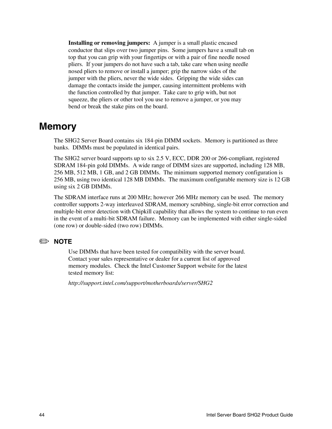 Intel SHG2 manual Memory 