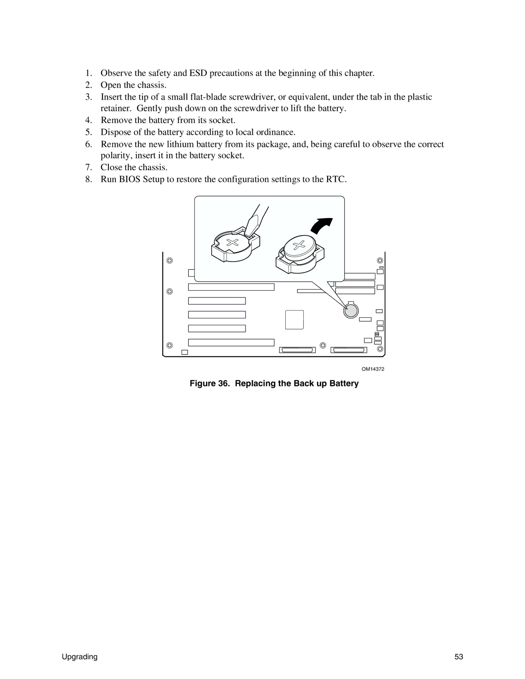 Intel SHG2 manual Replacing the Back up Battery 