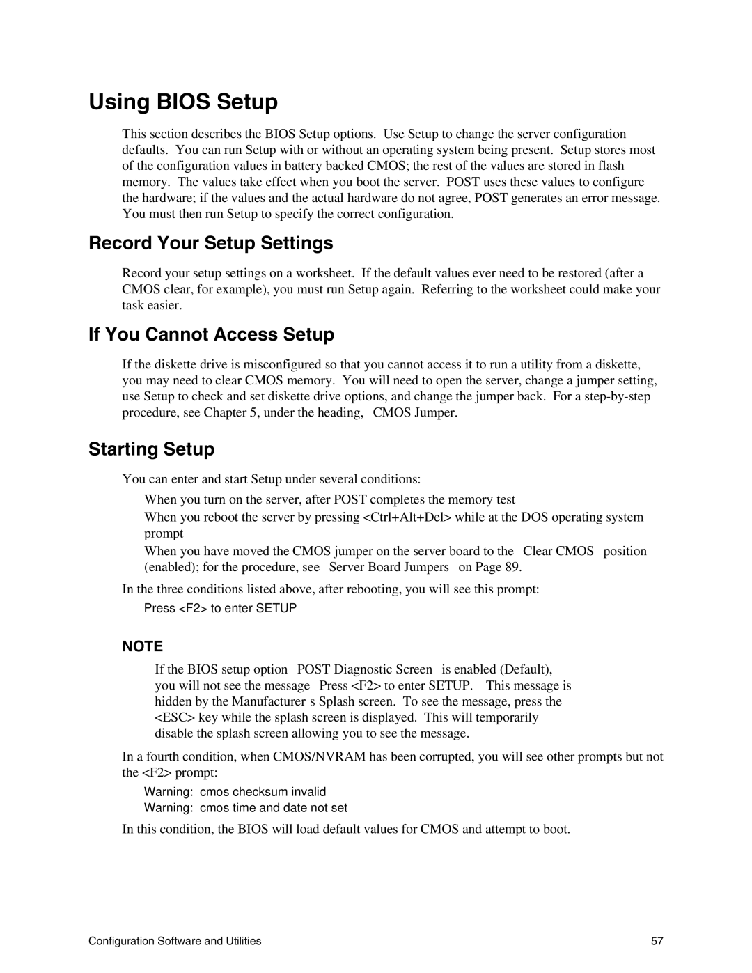 Intel SHG2 manual Using Bios Setup, Record Your Setup Settings, If You Cannot Access Setup, Starting Setup 