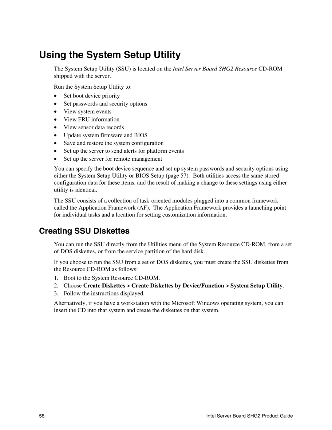 Intel SHG2 manual Using the System Setup Utility, Creating SSU Diskettes 