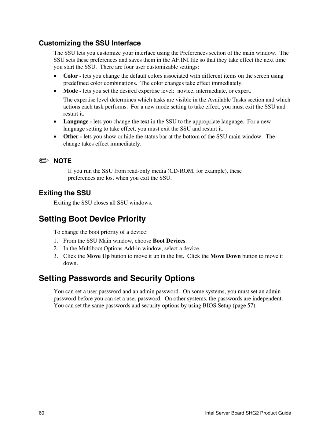 Intel SHG2 manual Setting Boot Device Priority, Setting Passwords and Security Options, Customizing the SSU Interface 