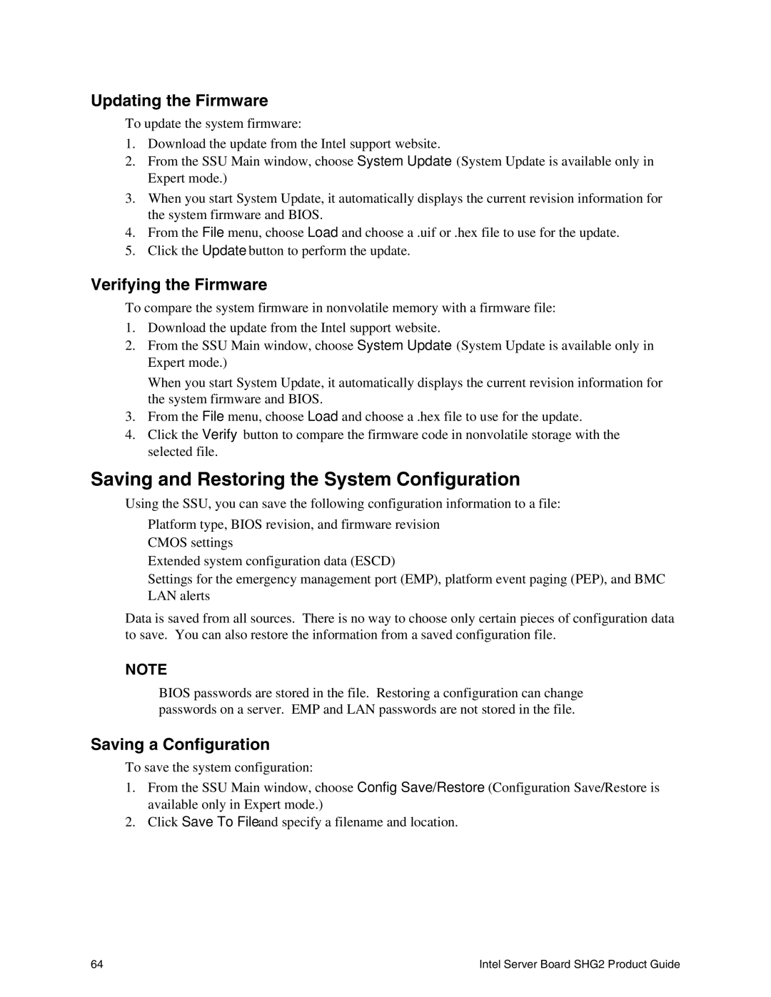 Intel SHG2 manual Saving and Restoring the System Configuration, Updating the Firmware, Verifying the Firmware 