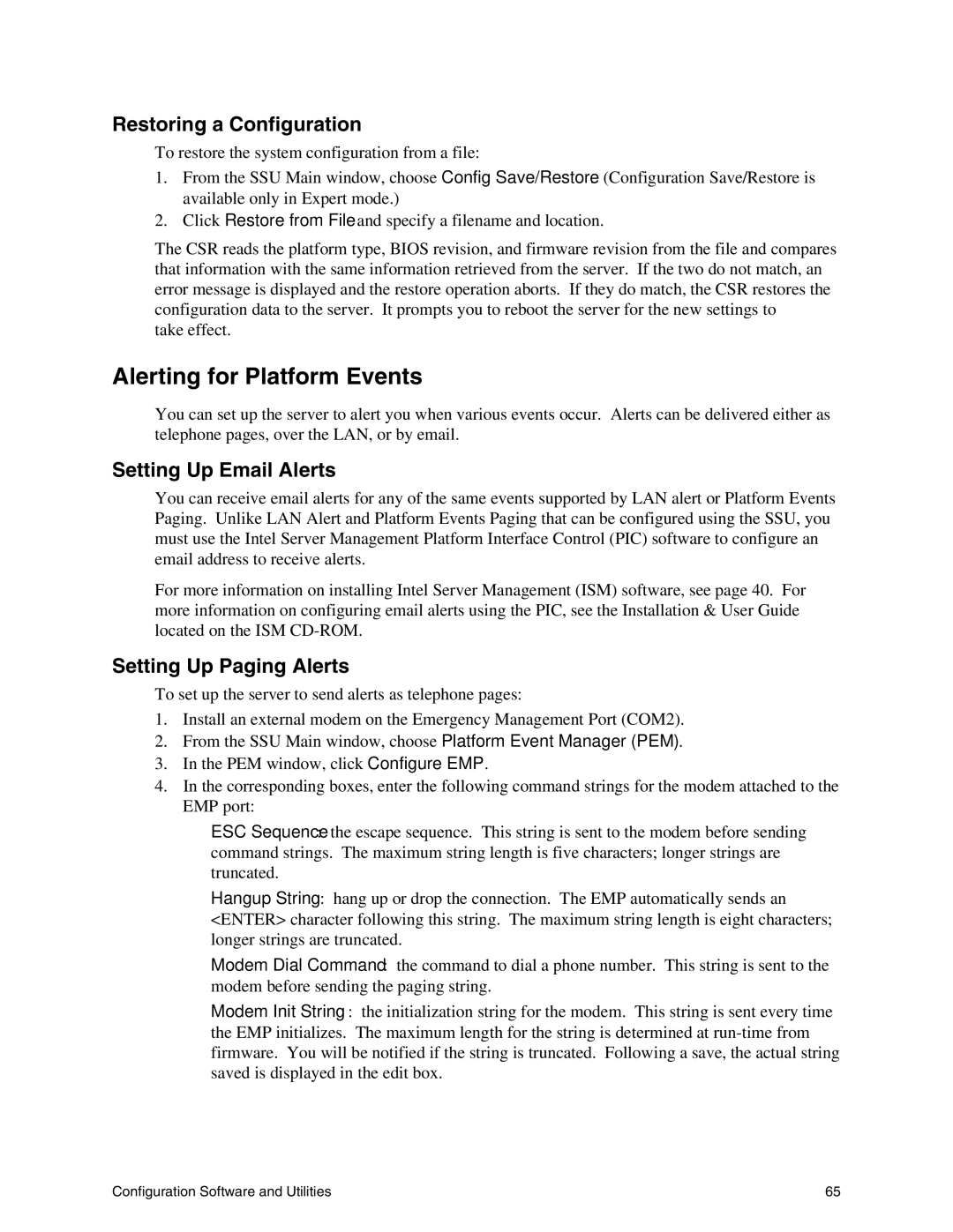 Intel SHG2 Alerting for Platform Events, Restoring a Configuration, Setting Up Email Alerts, Setting Up Paging Alerts 