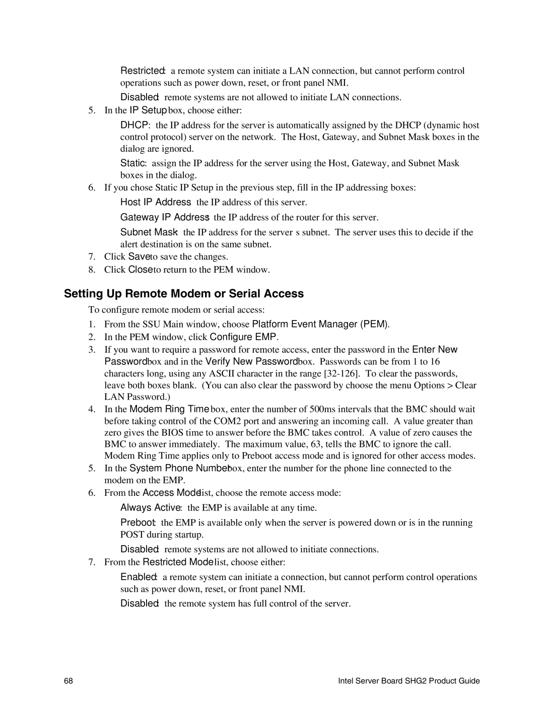 Intel SHG2 manual Setting Up Remote Modem or Serial Access 