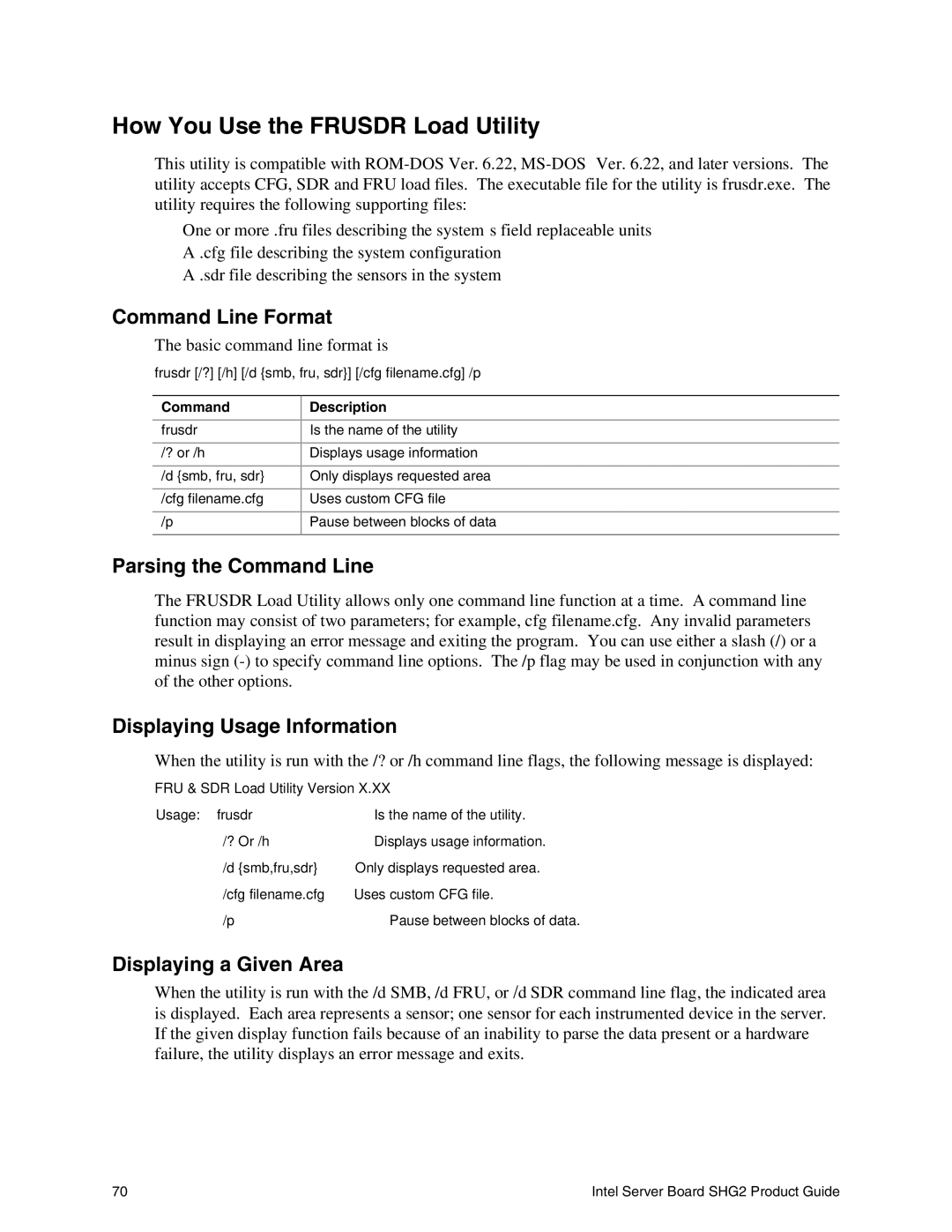 Intel SHG2 How You Use the Frusdr Load Utility, Command Line Format, Parsing the Command Line, Displaying a Given Area 