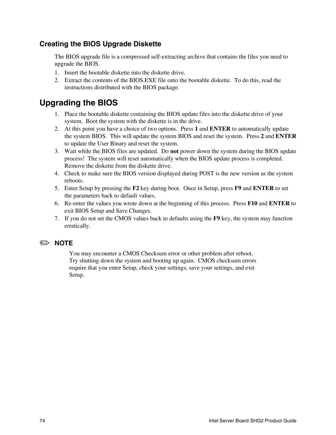 Intel SHG2 manual Upgrading the Bios, Creating the Bios Upgrade Diskette 