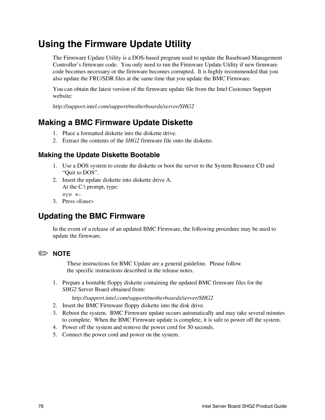 Intel SHG2 manual Using the Firmware Update Utility, Making a BMC Firmware Update Diskette, Updating the BMC Firmware 