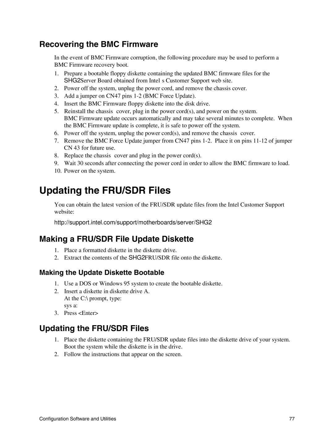 Intel SHG2 manual Updating the FRU/SDR Files, Recovering the BMC Firmware, Making a FRU/SDR File Update Diskette 