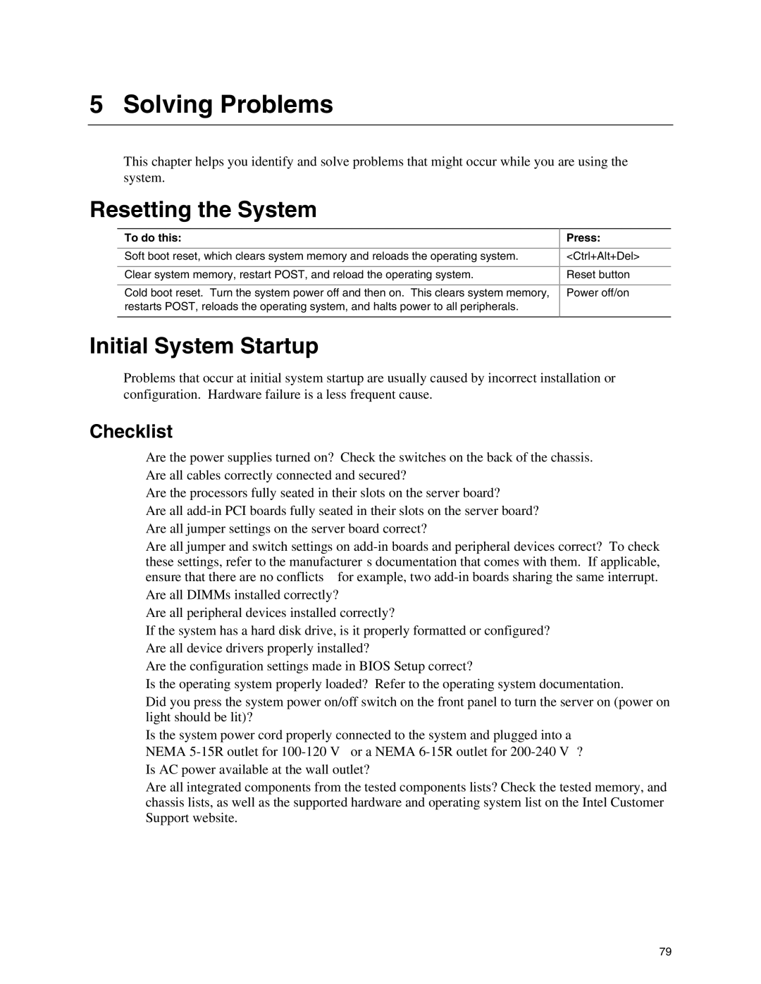 Intel SHG2 manual Solving Problems, Resetting the System, Initial System Startup, Checklist 