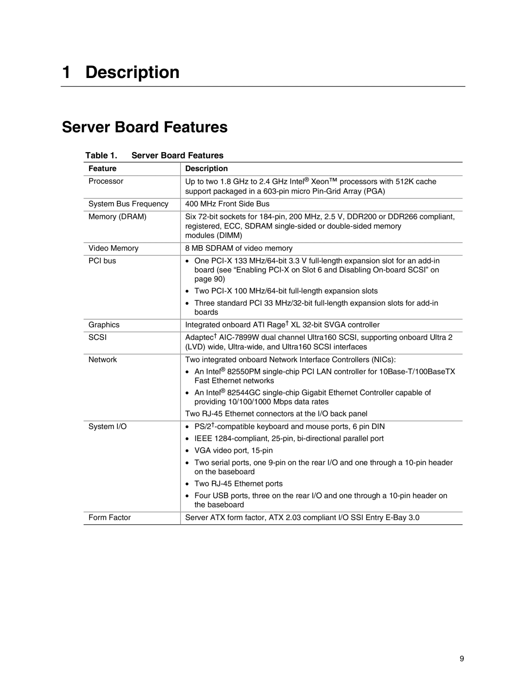 Intel SHG2 manual Description, Server Board Features 