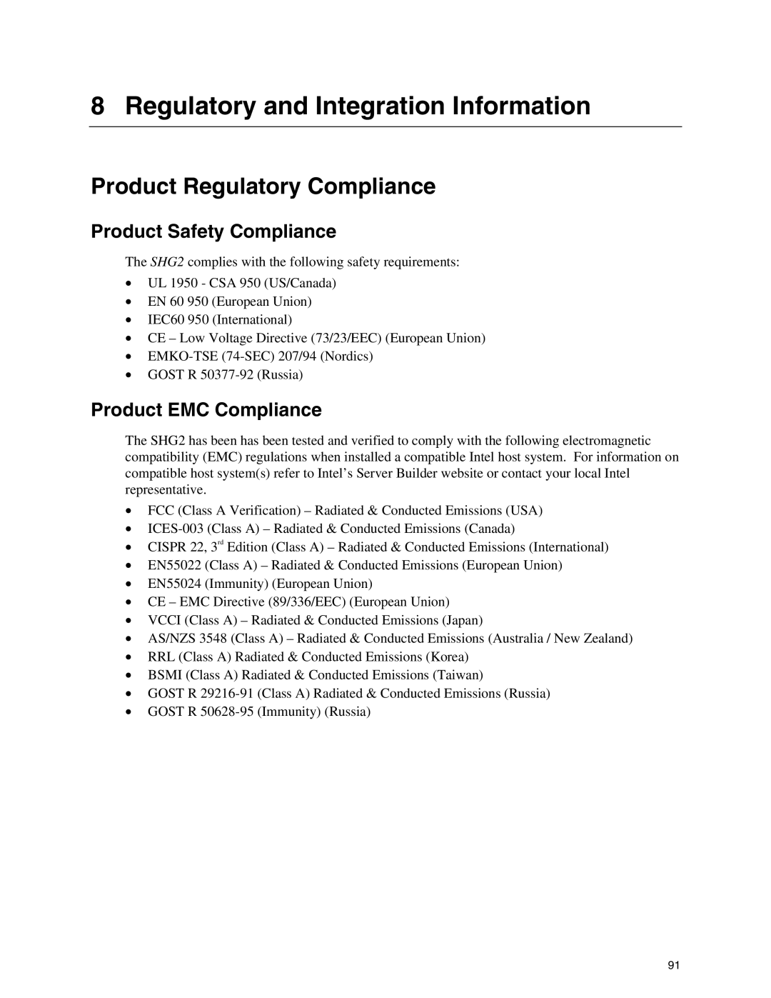 Intel SHG2 manual Regulatory and Integration Information, Product Regulatory Compliance, Product Safety Compliance 