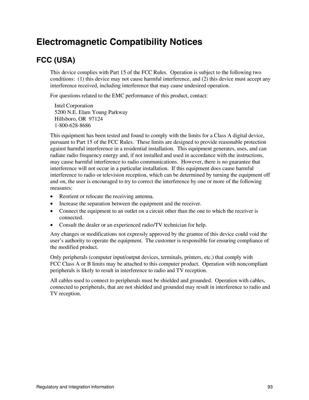 Intel SHG2 manual Electromagnetic Compatibility Notices, Fcc Usa 