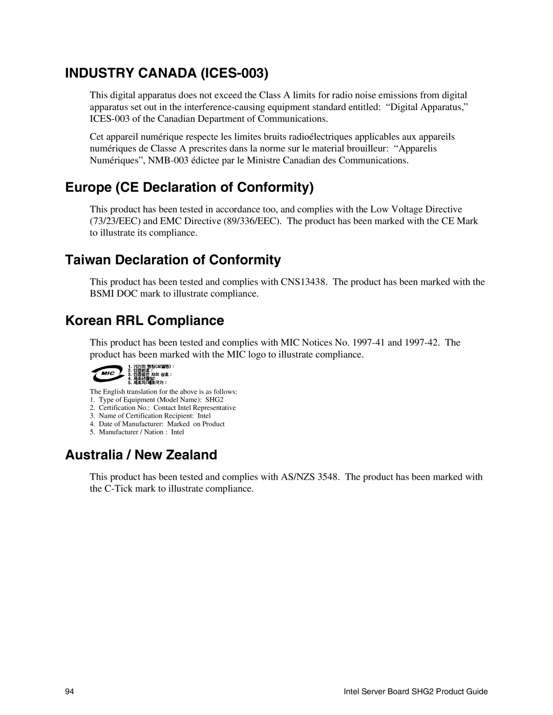 Intel SHG2 manual Europe CE Declaration of Conformity, Taiwan Declaration of Conformity, Korean RRL Compliance 