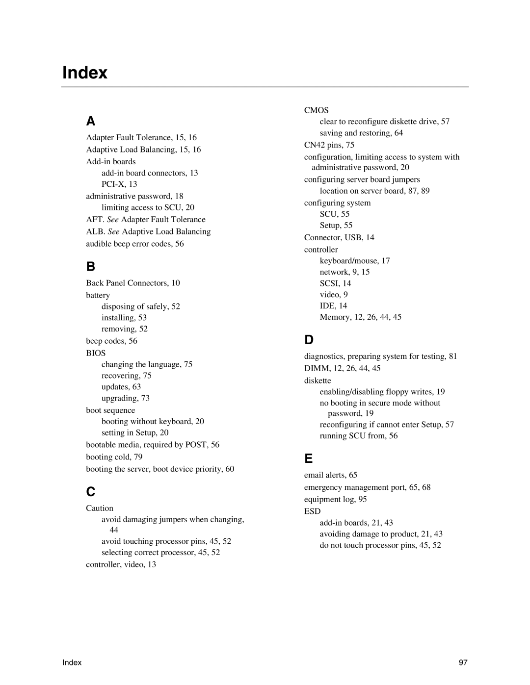 Intel SHG2 manual Index, Bios 