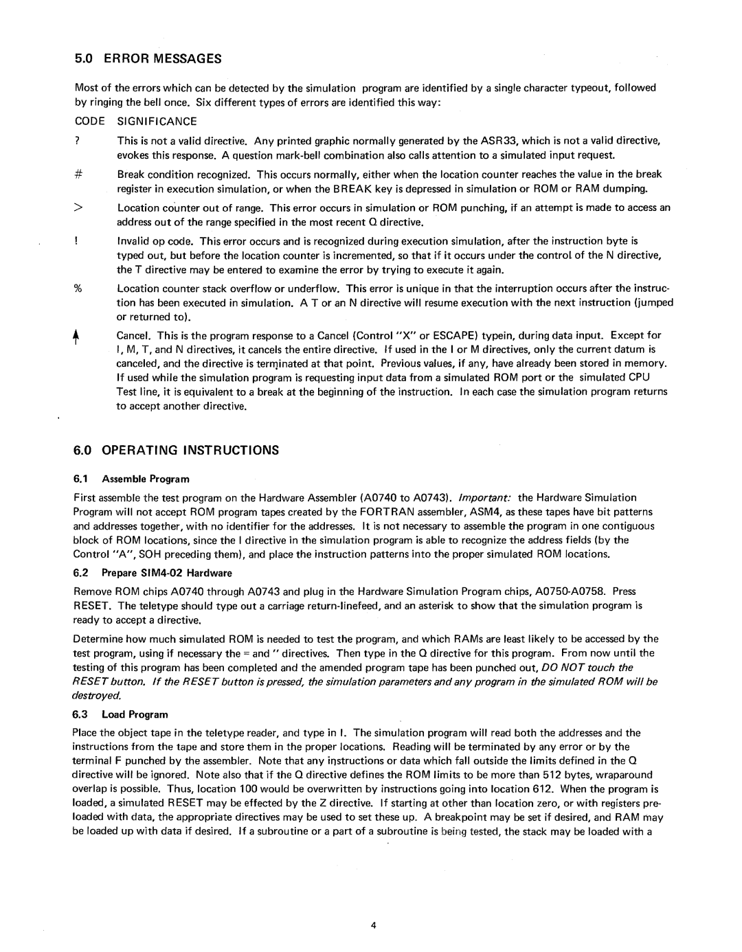 Intel SIM4-02 manual Error Messages, Operating Instructions, Code Significance 