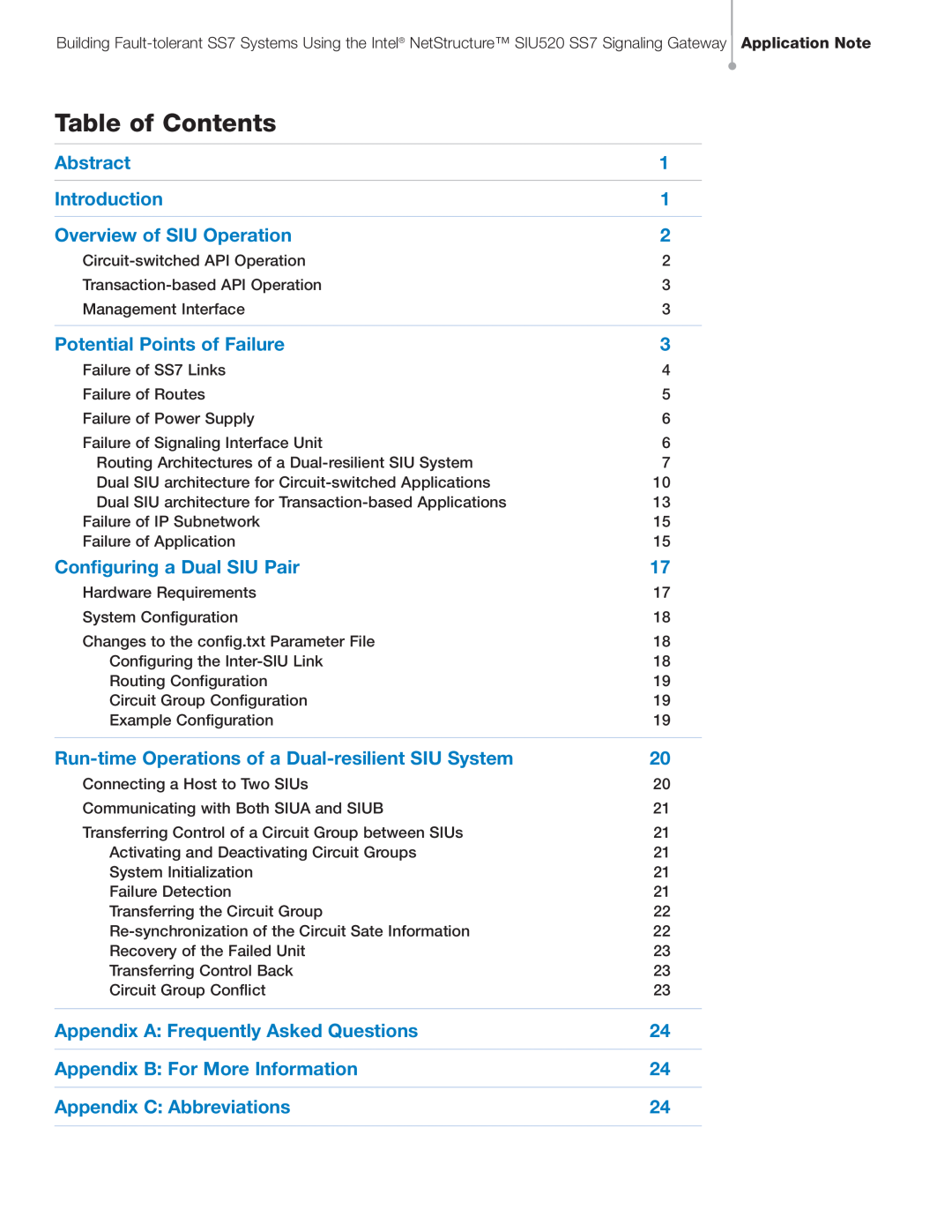 Intel SIU520 SS7 manual Table of Contents, Abstract, Introduction, Overview of SIU Operation, Potential Points of Failure 