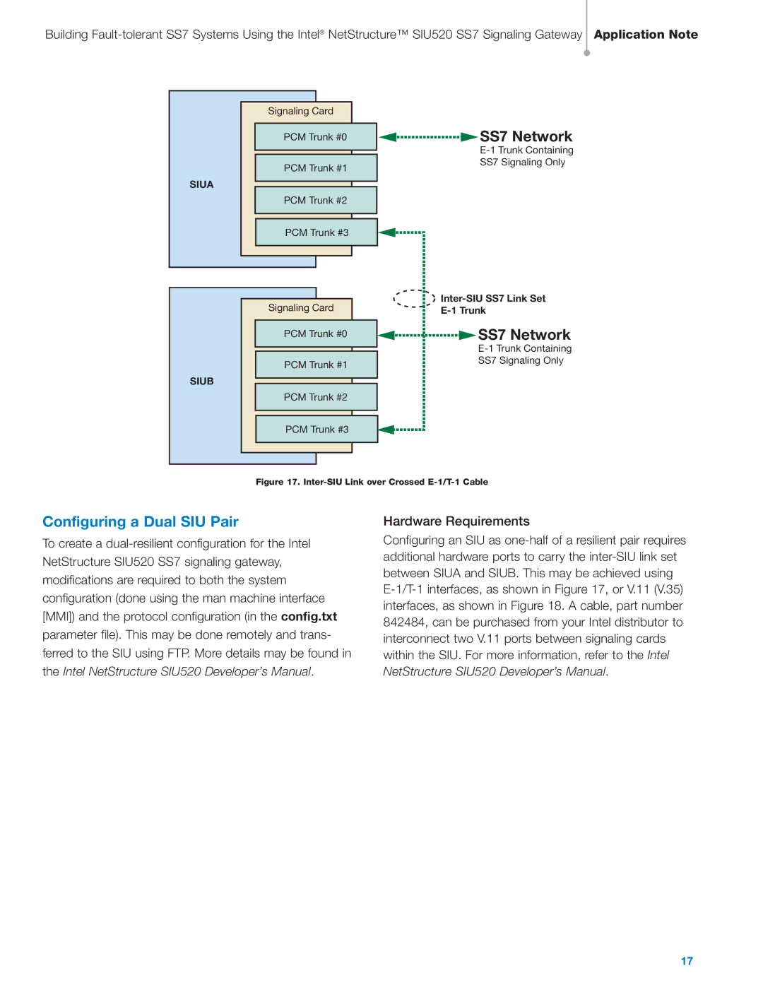 Intel SIU520 SS7 manual Hardware Requirements, Inter-SIU Link over Crossed E-1/T-1 Cable 