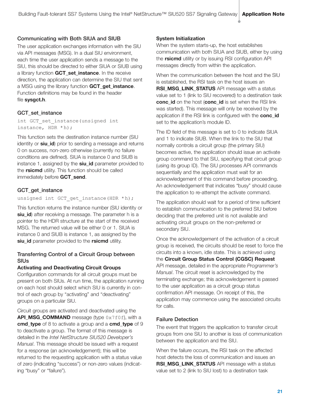 Intel SIU520 SS7 manual Communicating with Both Siua and Siub, GCTsetinstance, GCTgetinstance, Failure Detection 