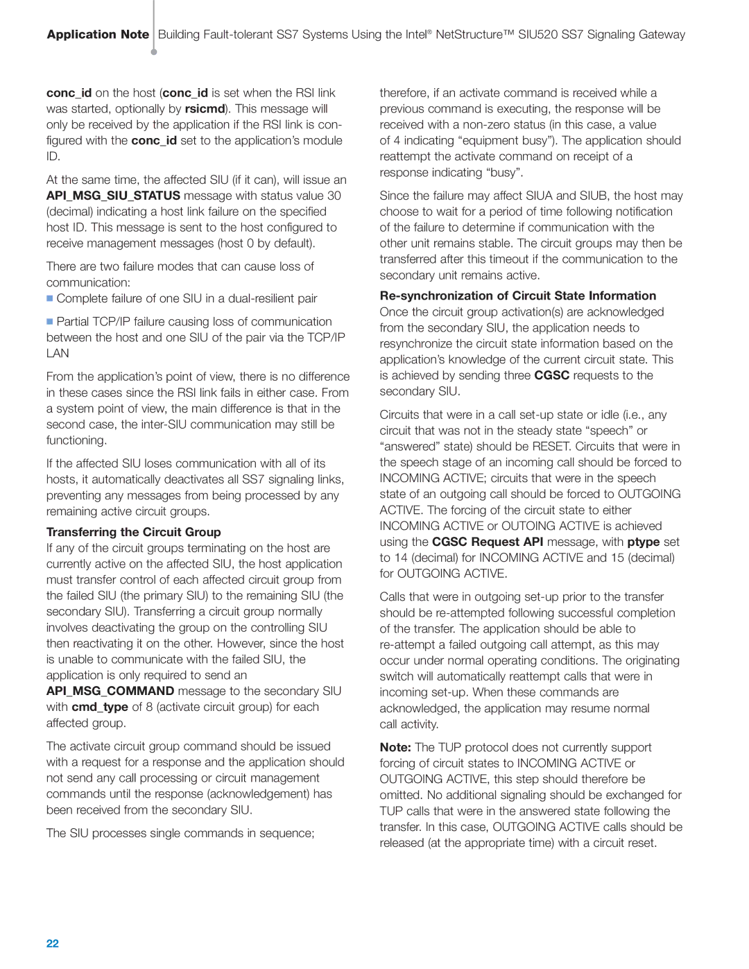 Intel SIU520 SS7 manual Transferring the Circuit Group, Re-synchronization of Circuit State Information 