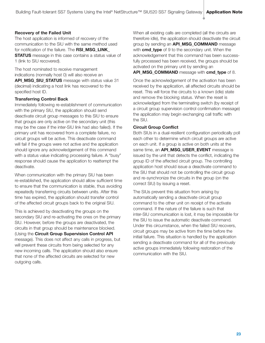 Intel SIU520 SS7 manual Recovery of the Failed Unit, Transferring Control Back, Circuit Group Conflict 