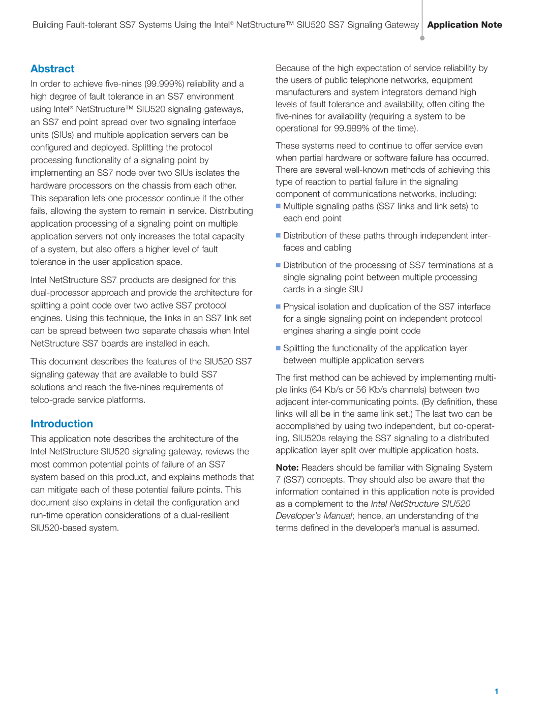 Intel SIU520 SS7 manual Abstract 