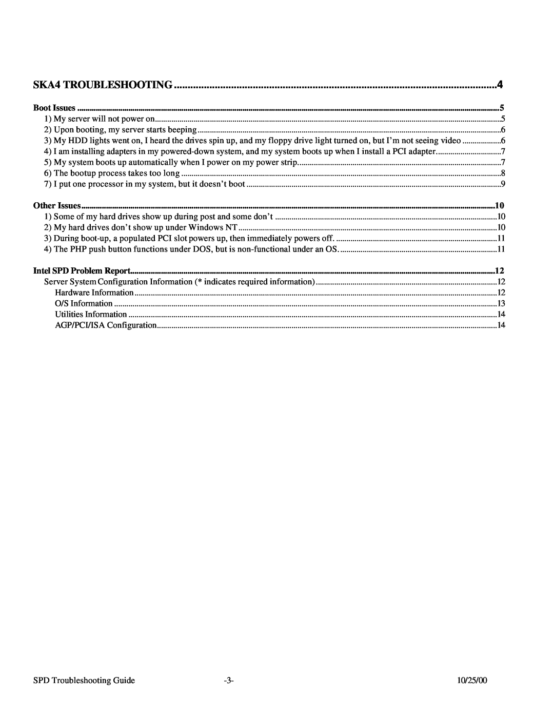 Intel manual SKA4 TROUBLESHOOTING, Intel SPD Problem Report 