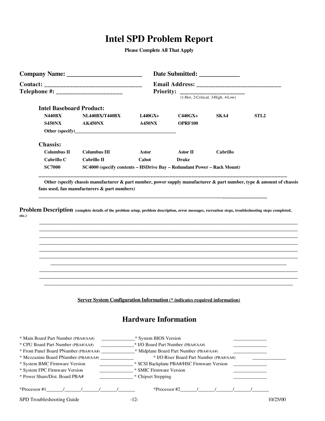 Intel SKA4 manual Intel SPD Problem Report, Hardware Information 