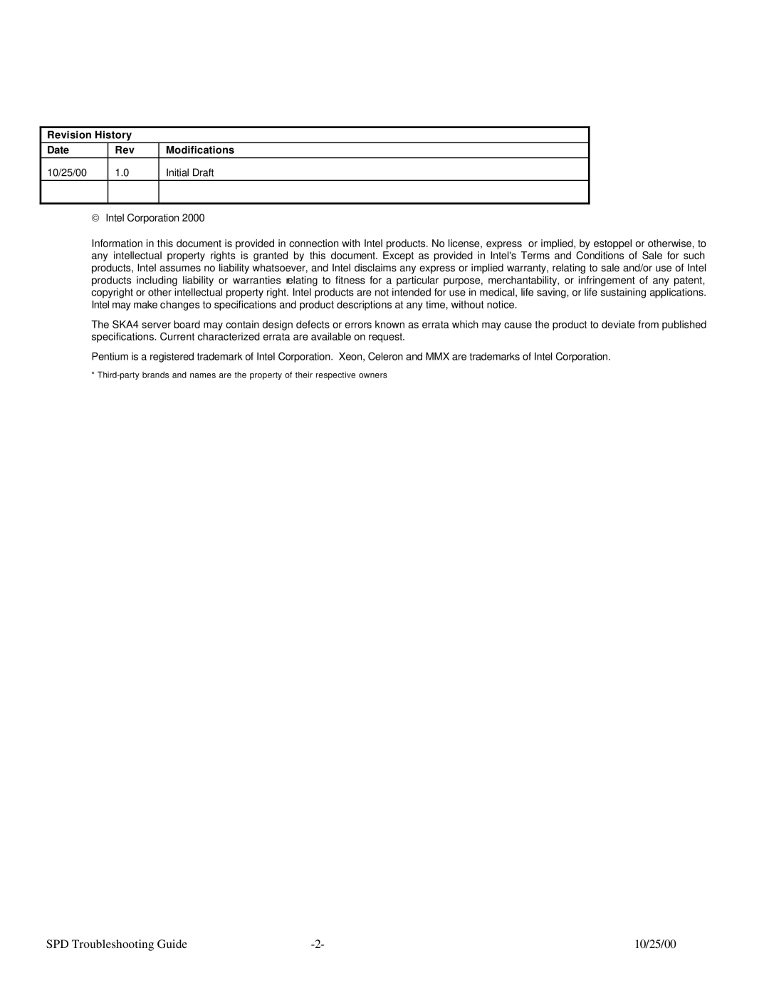 Intel SKA4 manual SPD Troubleshooting Guide 10/25/00 