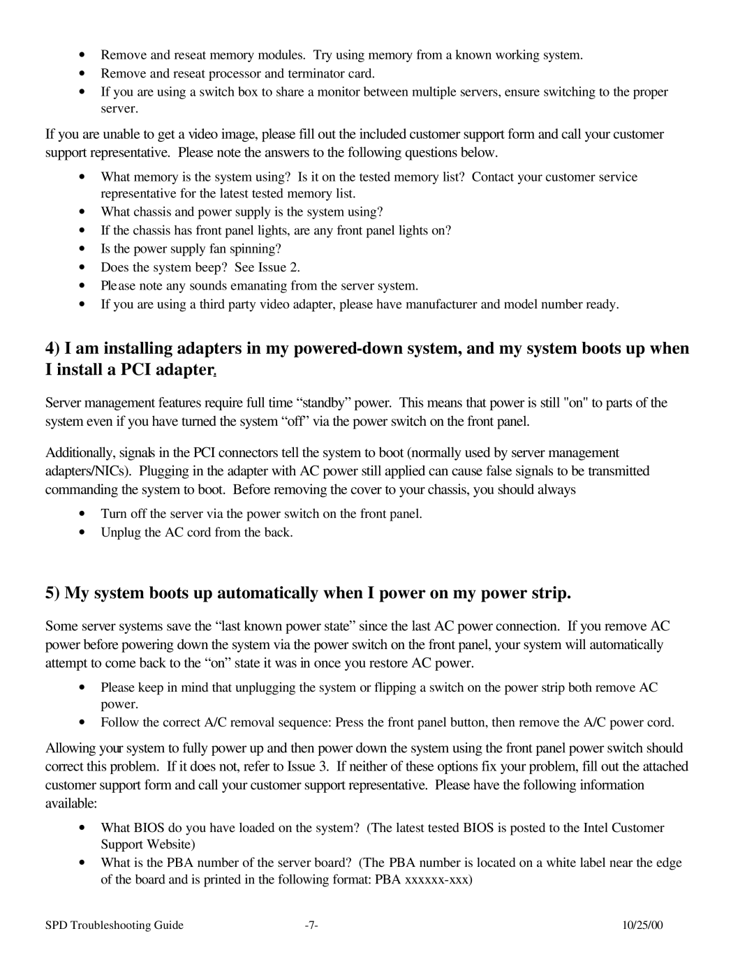 Intel SKA4 manual SPD Troubleshooting Guide 10/25/00 