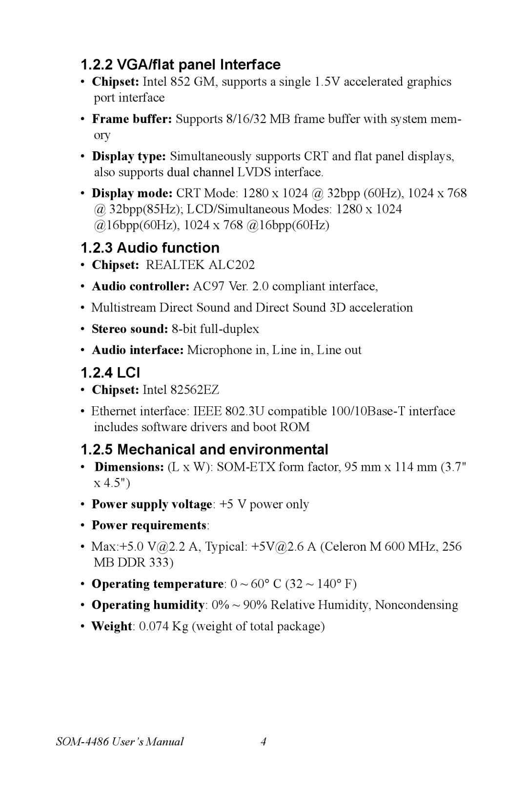 Intel SOM-4486 user manual 2 VGA/flat panel Interface, Audio function, 4 LCI, Mechanical and environmental 