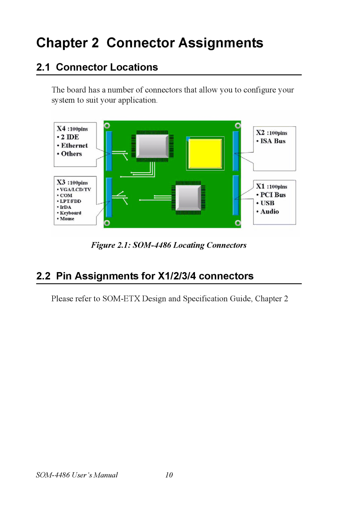 Intel SOM-4486 user manual Connector Assignments, Connector Locations, Pin Assignments for X1/2/3/4 connectors 