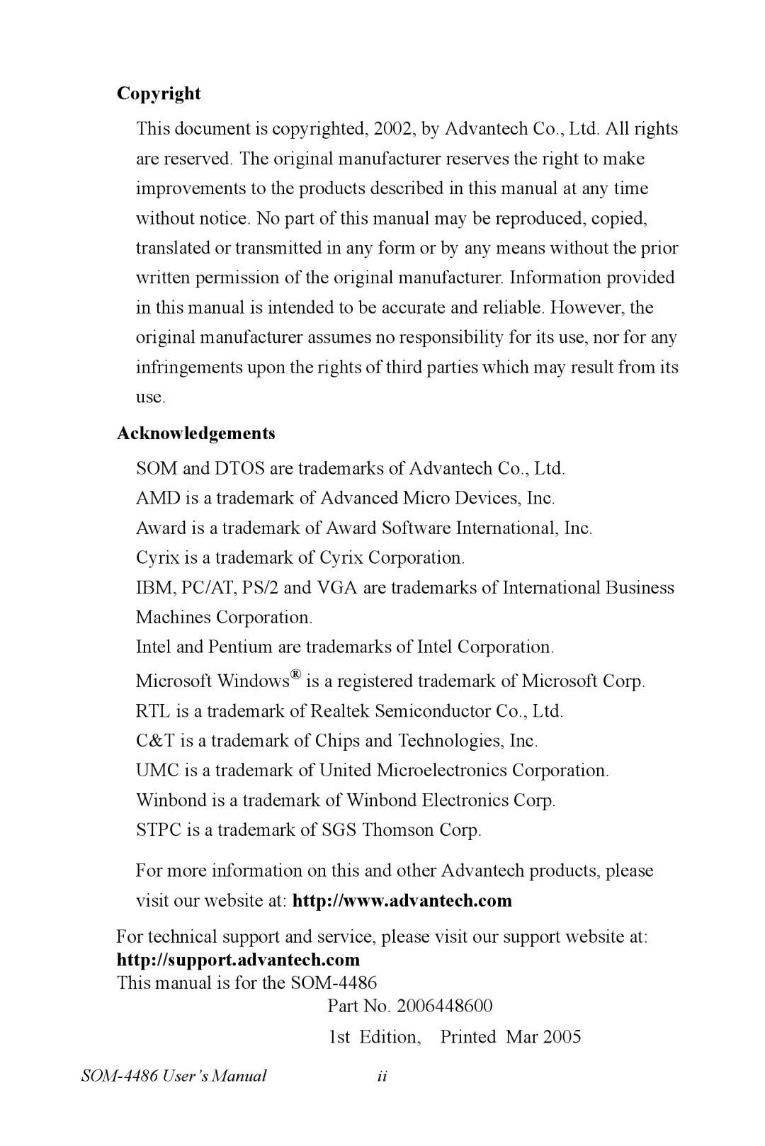 Intel SOM-4486 user manual Copyright Acknowledgements 