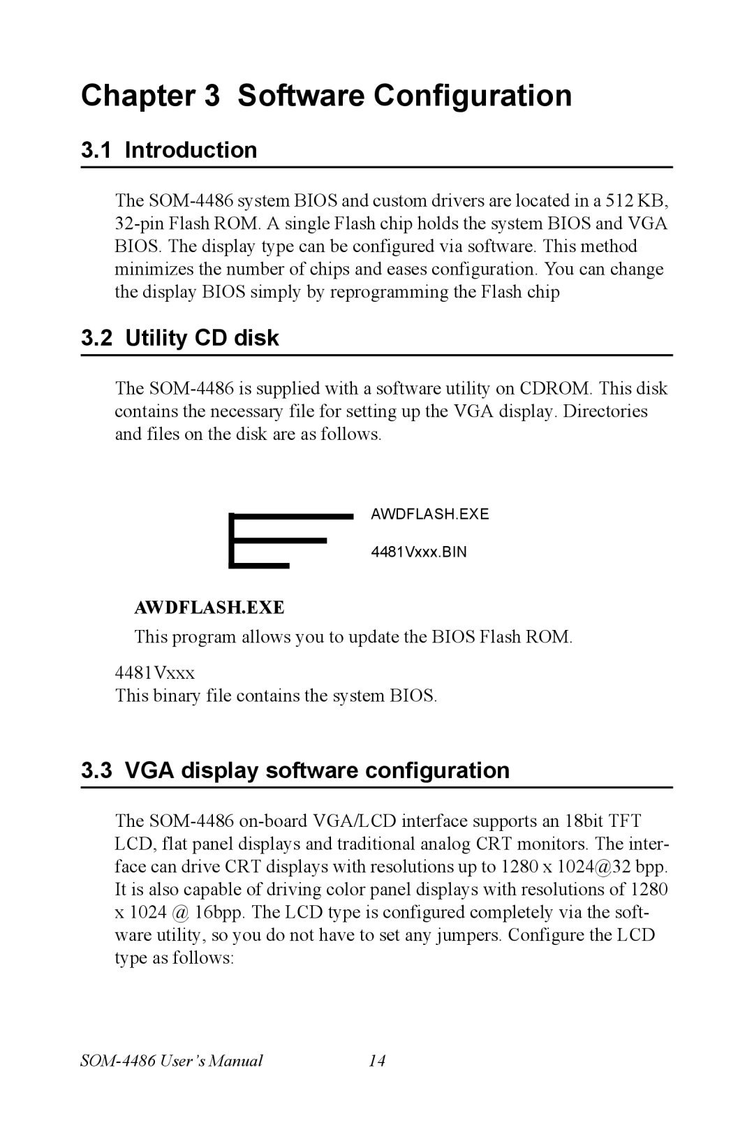 Intel SOM-4486 user manual Utility CD disk, VGA display software configuration 