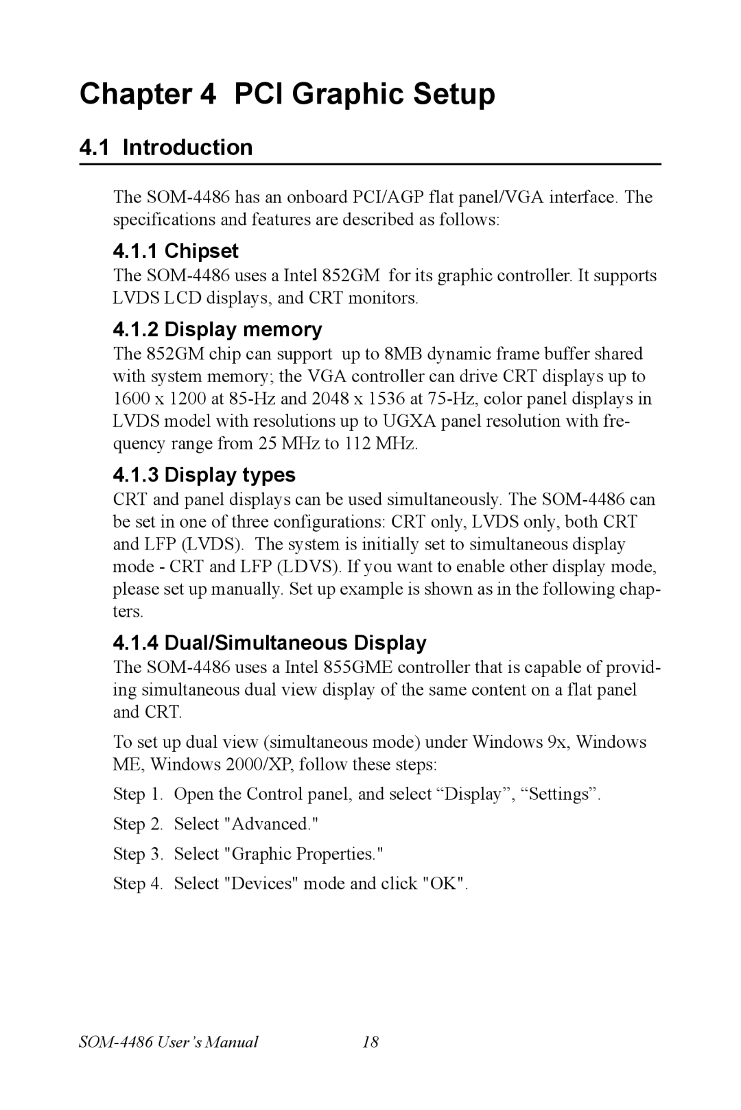 Intel SOM-4486 user manual Chipset, Display memory, Display types, Dual/Simultaneous Display 