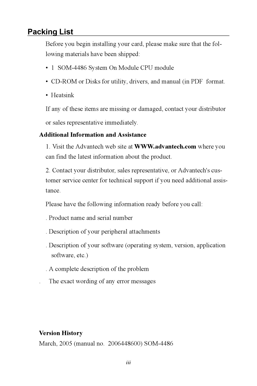 Intel SOM-4486 user manual Packing List, Additional Information and Assistance 