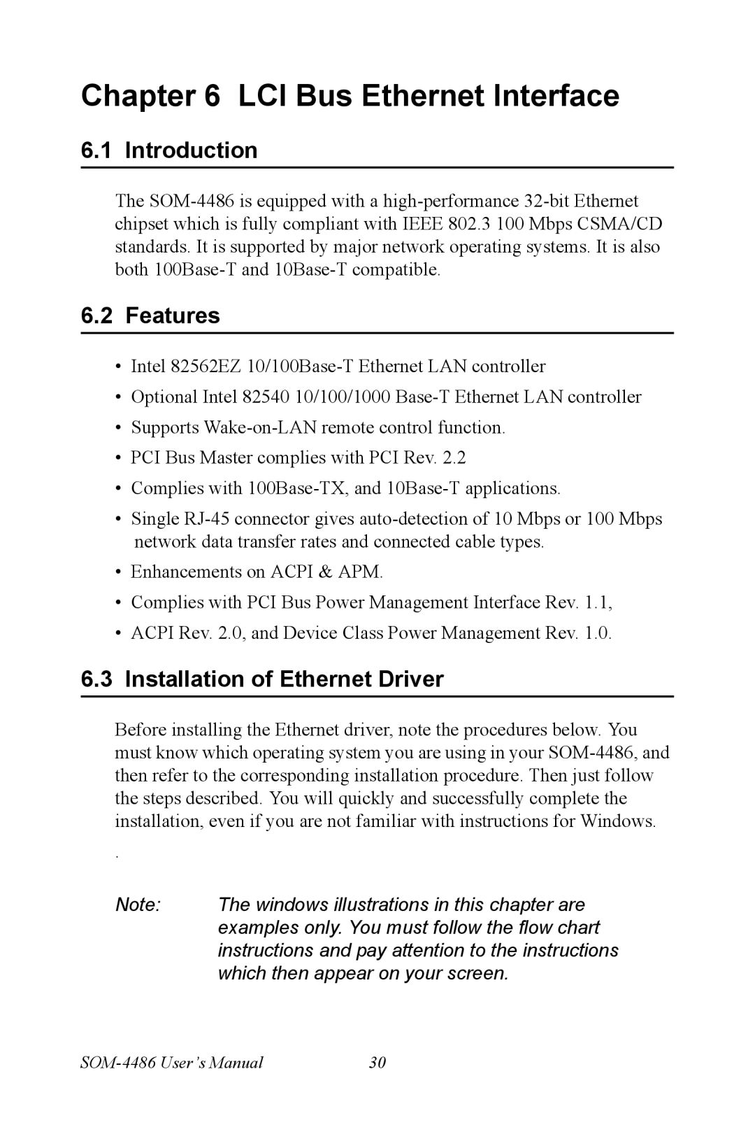 Intel SOM-4486 user manual LCI Bus Ethernet Interface, Features, Installation of Ethernet Driver 