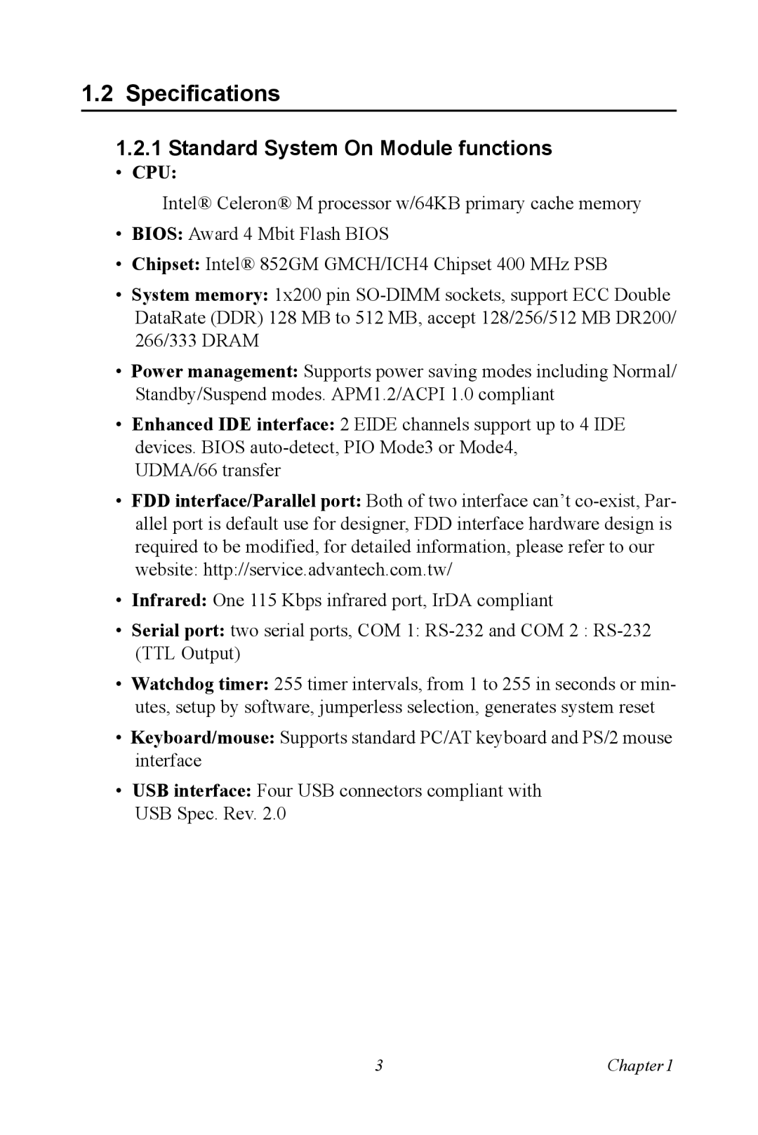 Intel SOM-4486 user manual Specifications, Standard System On Module functions 