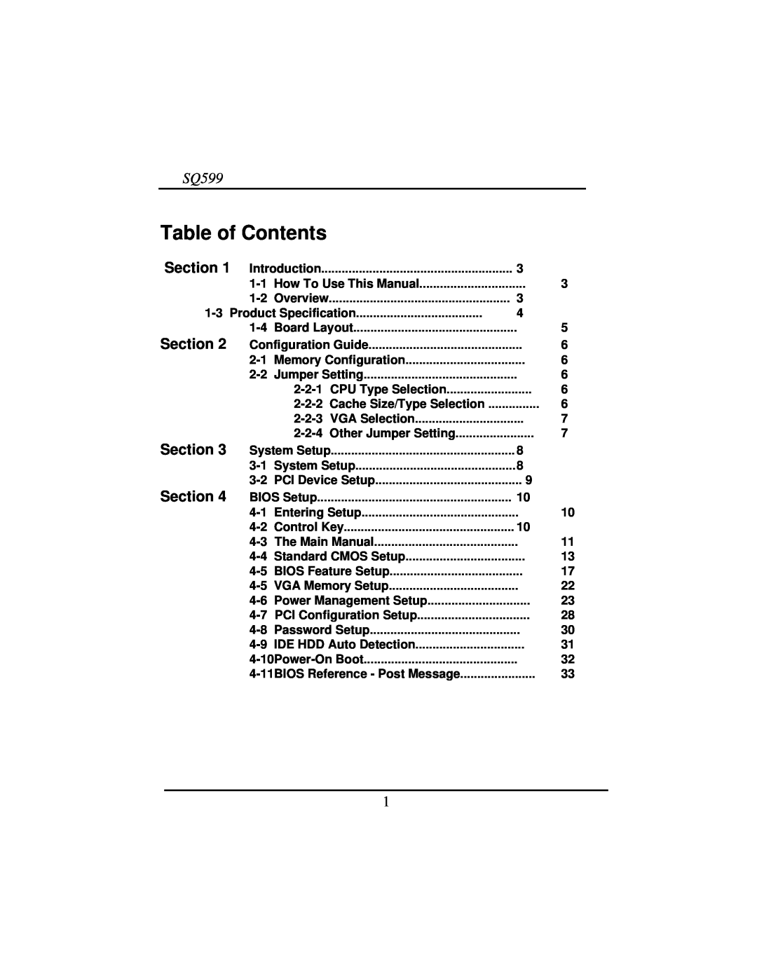 Intel SQ599 manual Table of Contents, Section 