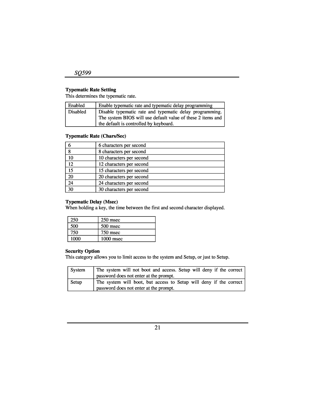 Intel SQ599 manual Typematic Rate Setting, Typematic Rate Chars/Sec, Typematic Delay Msec, Security Option 