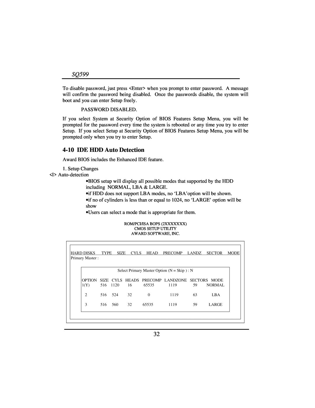 Intel SQ599 manual 4-10IDE HDD Auto Detection 